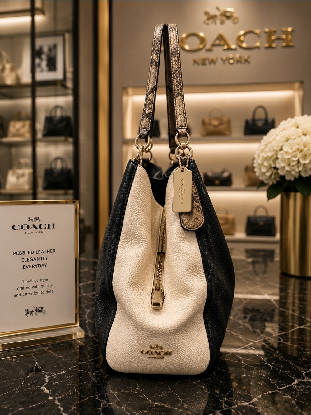 Coach Black & Cream Pebbled Leather Shoulder Hobo with snake print handles - Picture 4 of 15